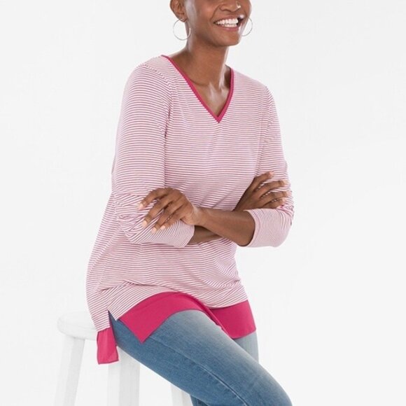 Chico’s Women’s Sz 1 US M Striped Woven-Hem Top Pink & White Rayon Spandex Blend - Picture 7 of 7